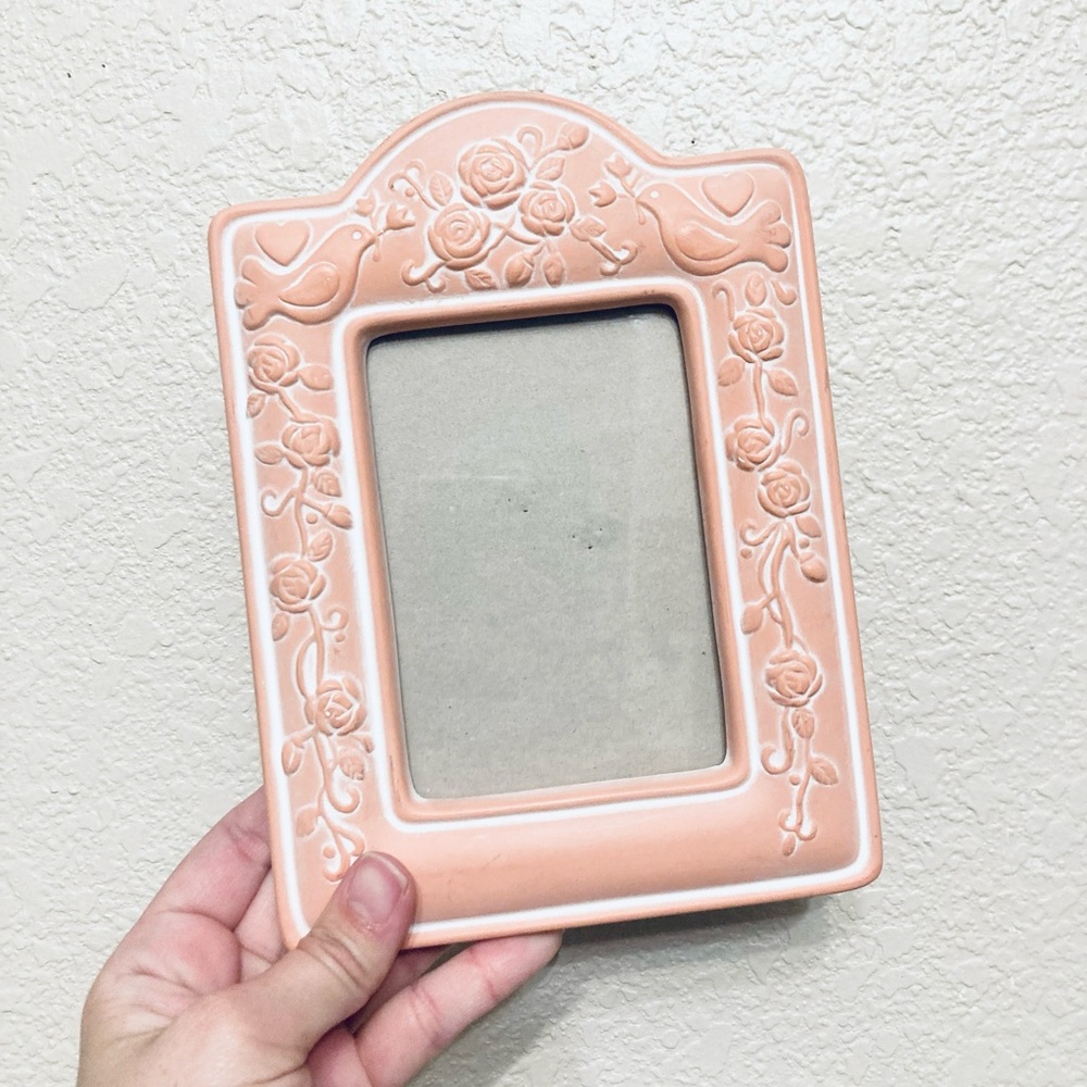 Vintage Terracotta Cast Stone Rose Pink Picture Frame birds flowers Cottagecore